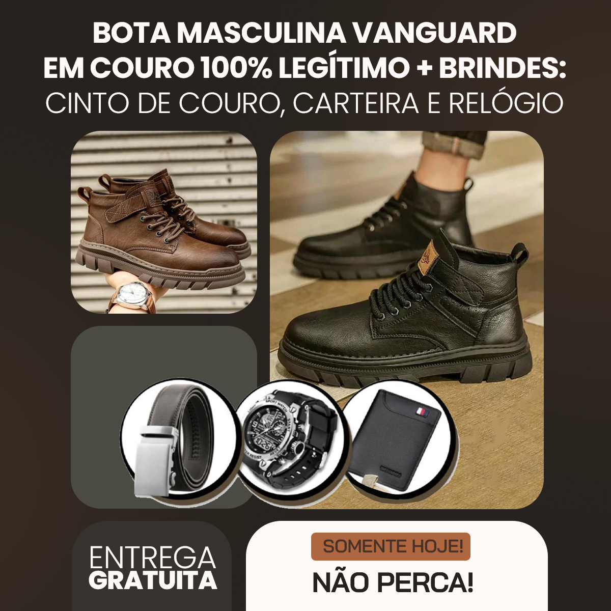 Bota Masculina Vanguard em Couro 100% Legítimo + Brindes: Cinto de Couro, Carteira e Relógio