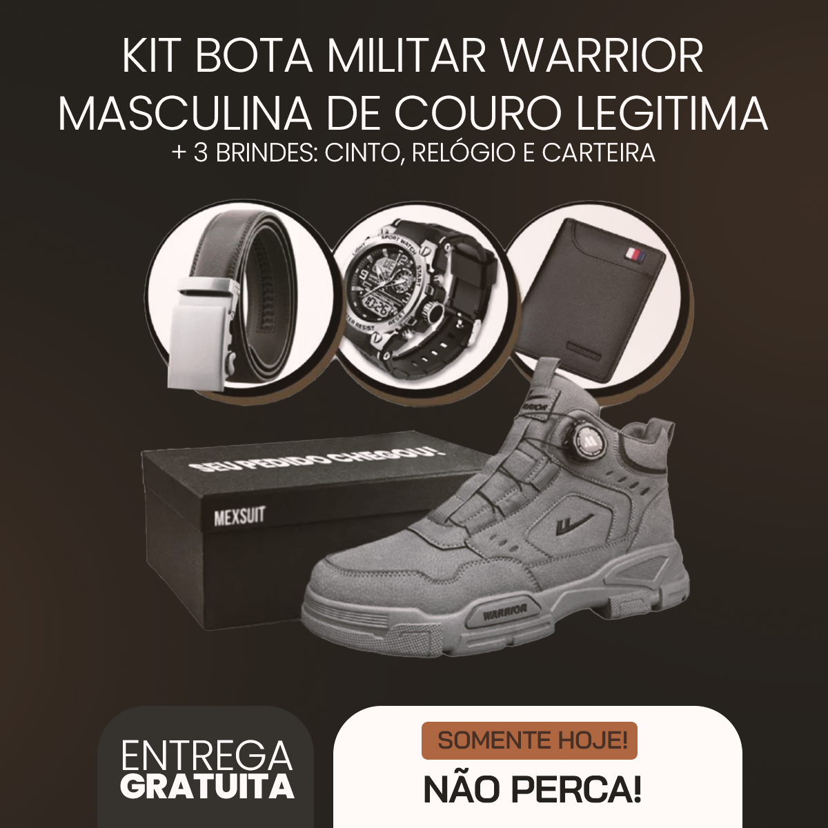 Kit Bota Militar Warrior Masculina de Couro Legitima + 3 Brindes: Cinto, Relógio e Carteira