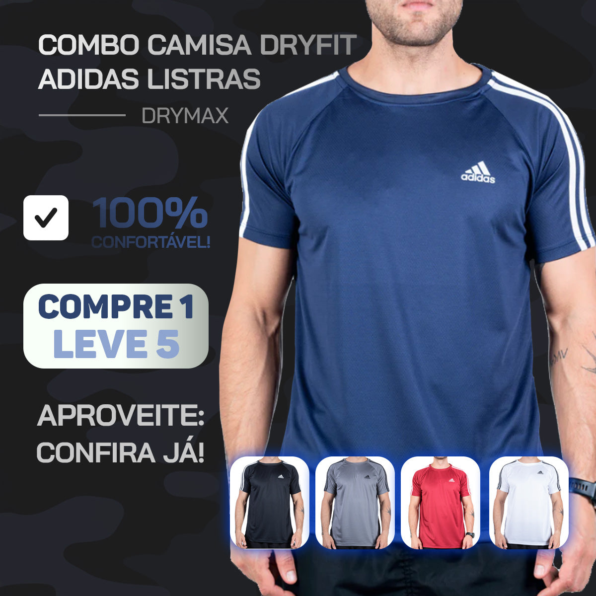 Combo Compre 1 Leve 5 Camisa DryFit Adidas Listras